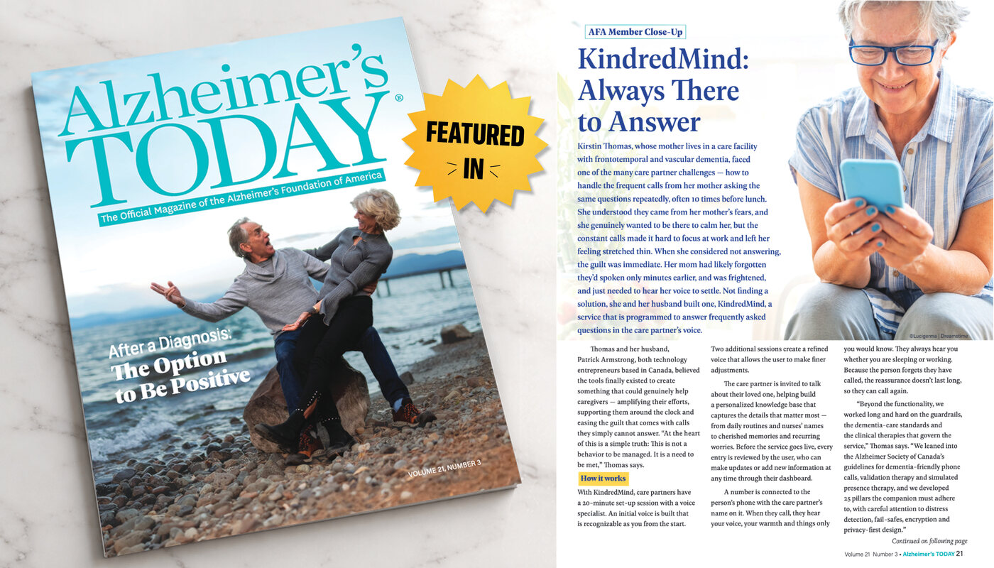 Alzheimer’s TODAY magazine cover and the KindredMind: Always There to Answer feature